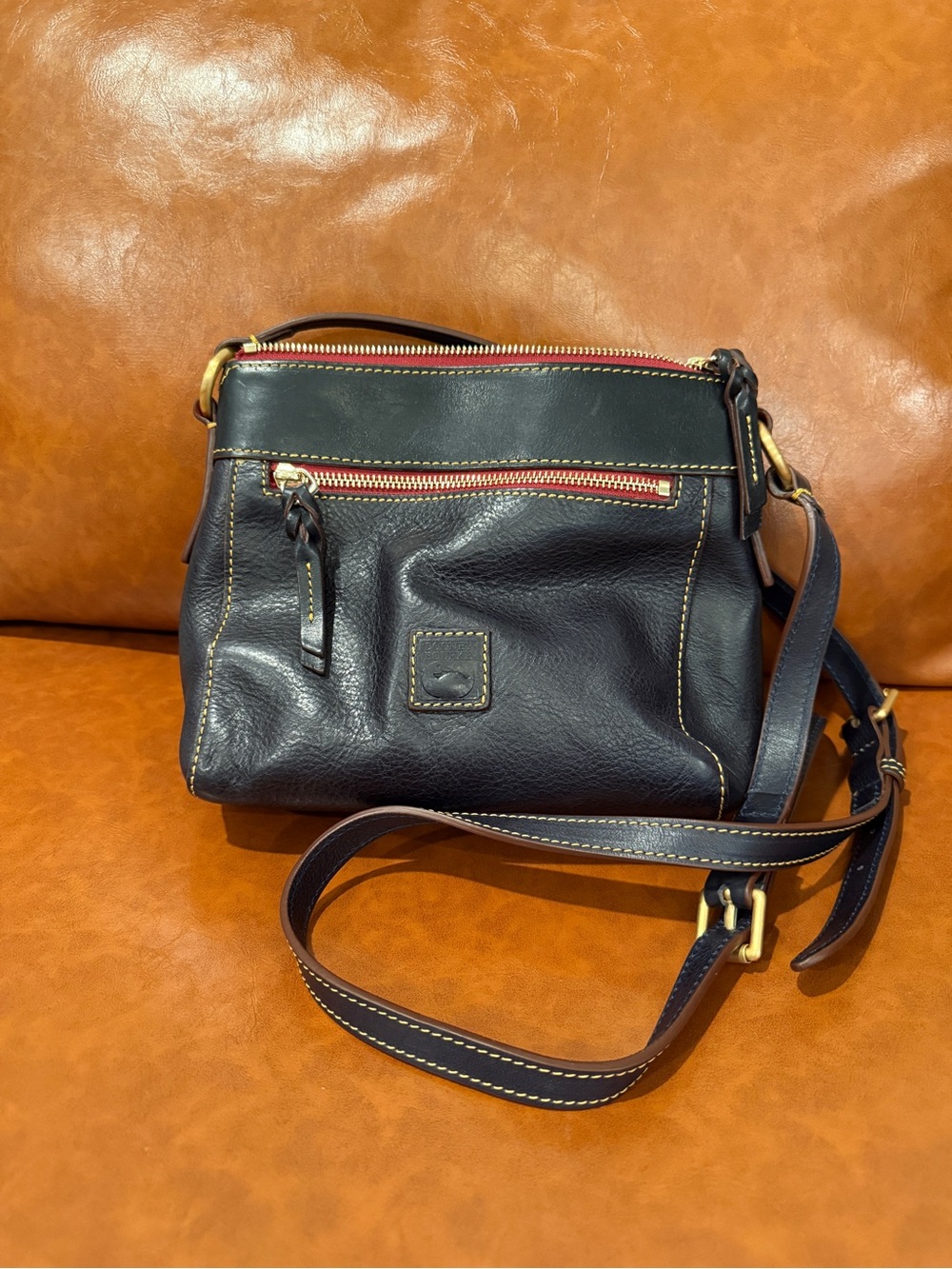 Dooney & Bourke Black Leather Crossbody with Gold Hardware and Red Zip Accent